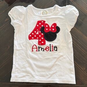 White Short-Sleeve Kids Tee with Red Polka Dot '4' and Minnie Accent - Amelia